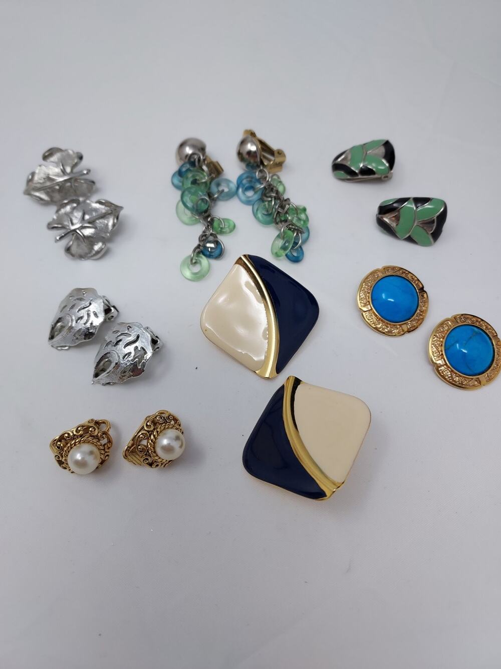 Vintage Earring Bundle 7 Pairs Retro Clip Ons Incl Enamel Mixed Metals Dangle